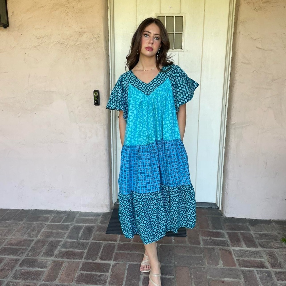 70s cottage style blue patchwork tiered dress / one size
